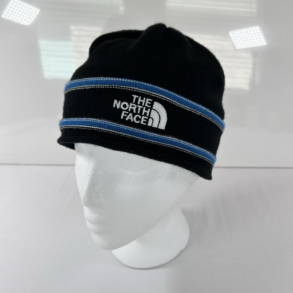 The North Face Beanie Black Knit Hat Logo Youth M Winter Ski Cap Blue Stripes